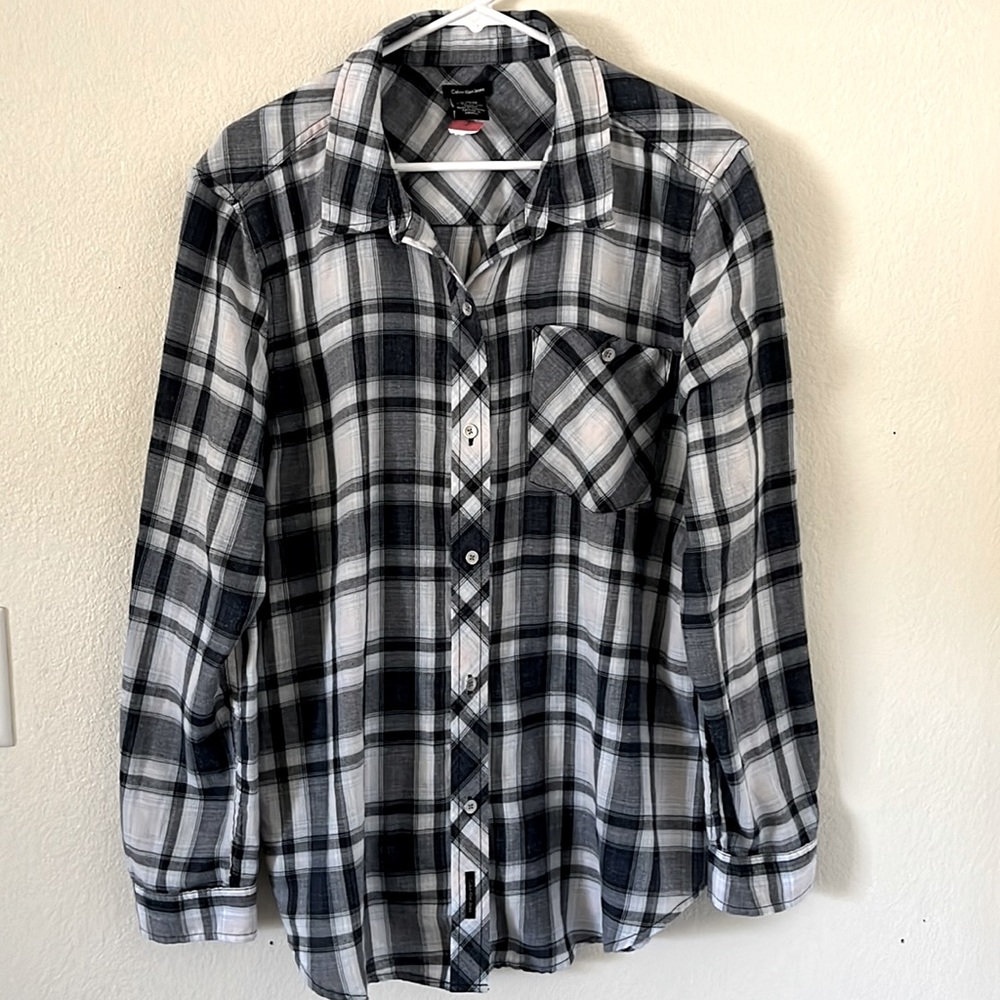 NWT Calvin Klein Jeans Navy White Plaid Button Down Flannel, Size XL Lightweight